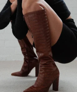 Tony Bianco Lucille Tan Croc 10.3cm Calf Boots